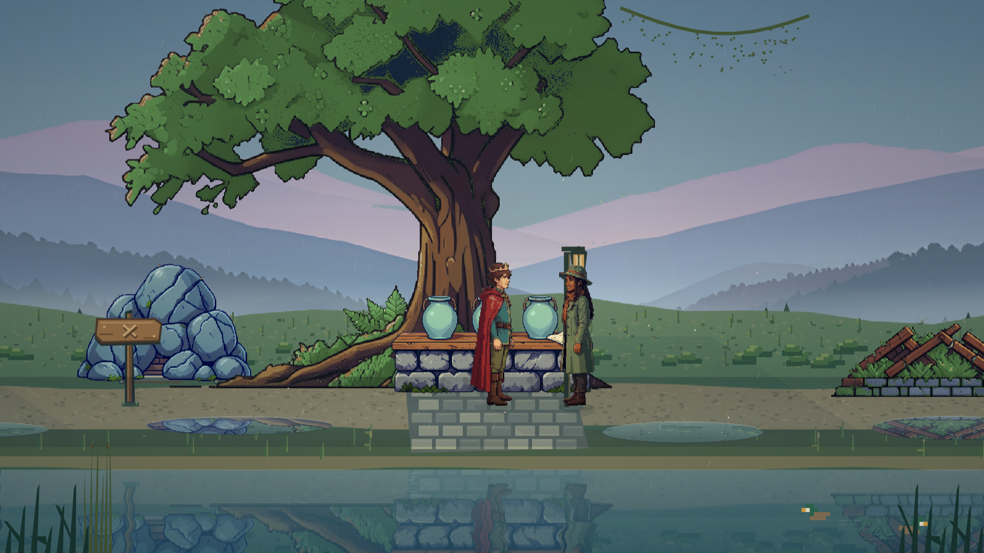 The young king helps Marin beside the willow on the riverbank.