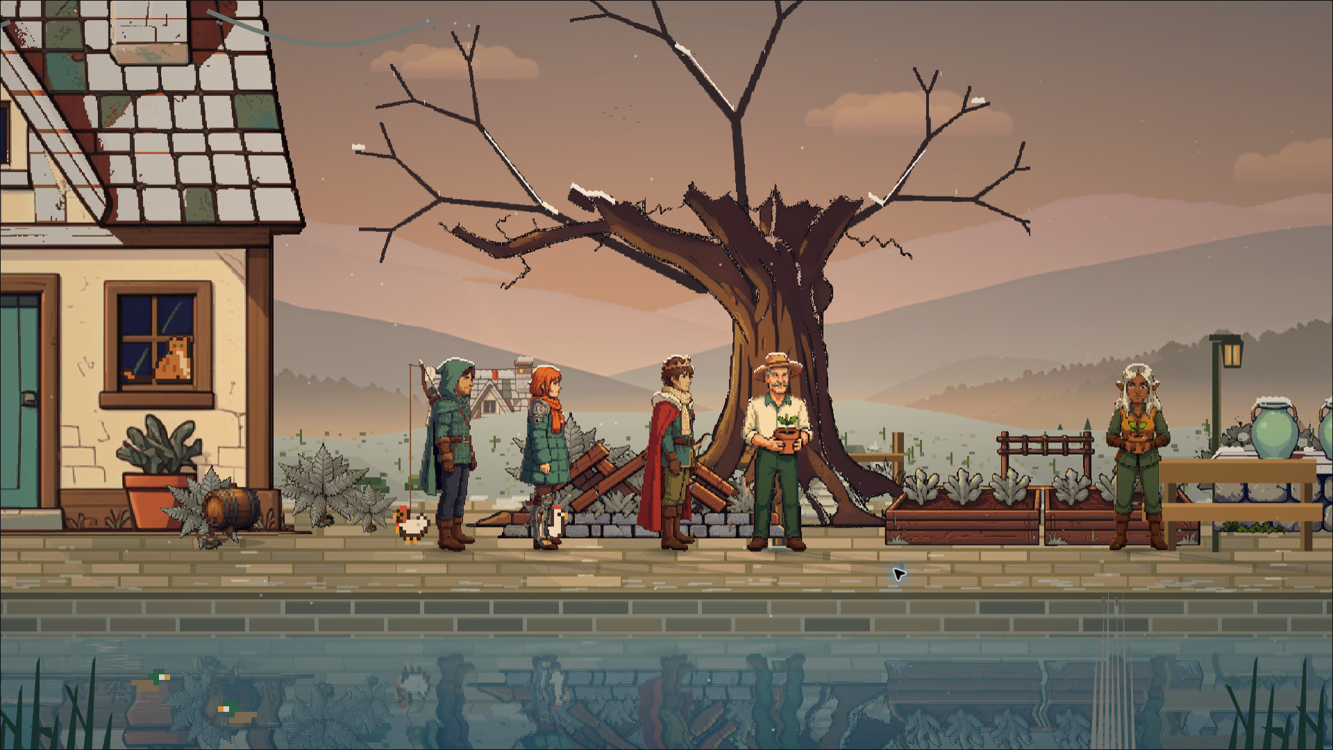 Current Act I gameplay: neighbours gather by a bare tree in the winter village